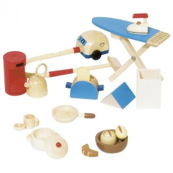 Puppenmöbel  Zubehör 19 Teile Staubsauger, Bügeleisen, Pfanne, Toaster oder Topf.